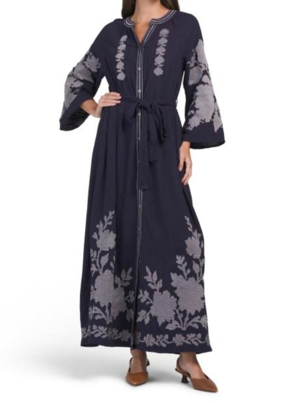 SOLITAIRE Linen Blend Bell Sleeve Embroidered Maxi Dress